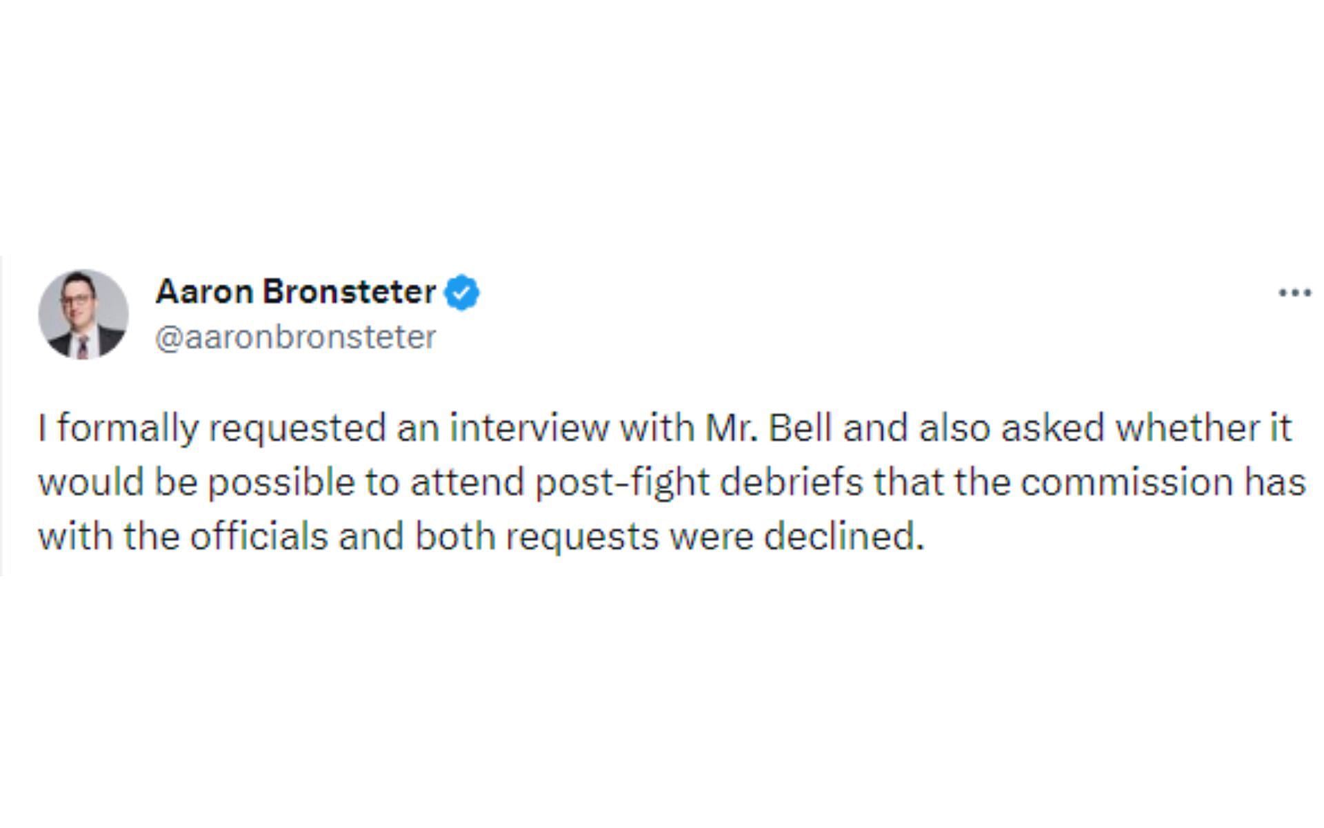 Aaron Bronsteter tweeted regarding interview request with Mike Bell