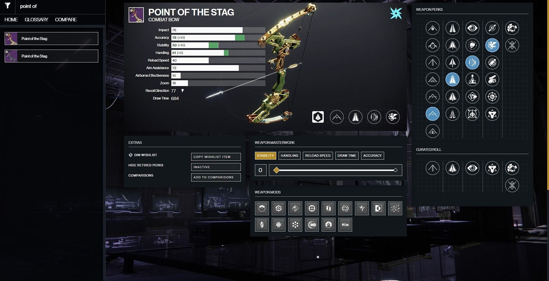 Point of the Stag god roll for PvE (Image via D2Gunsmith)
