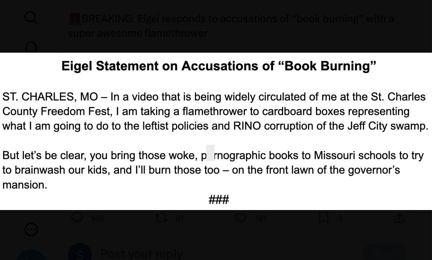 Senator Bill Eigel&#039;s statement on the book burning accusations (Image via X)