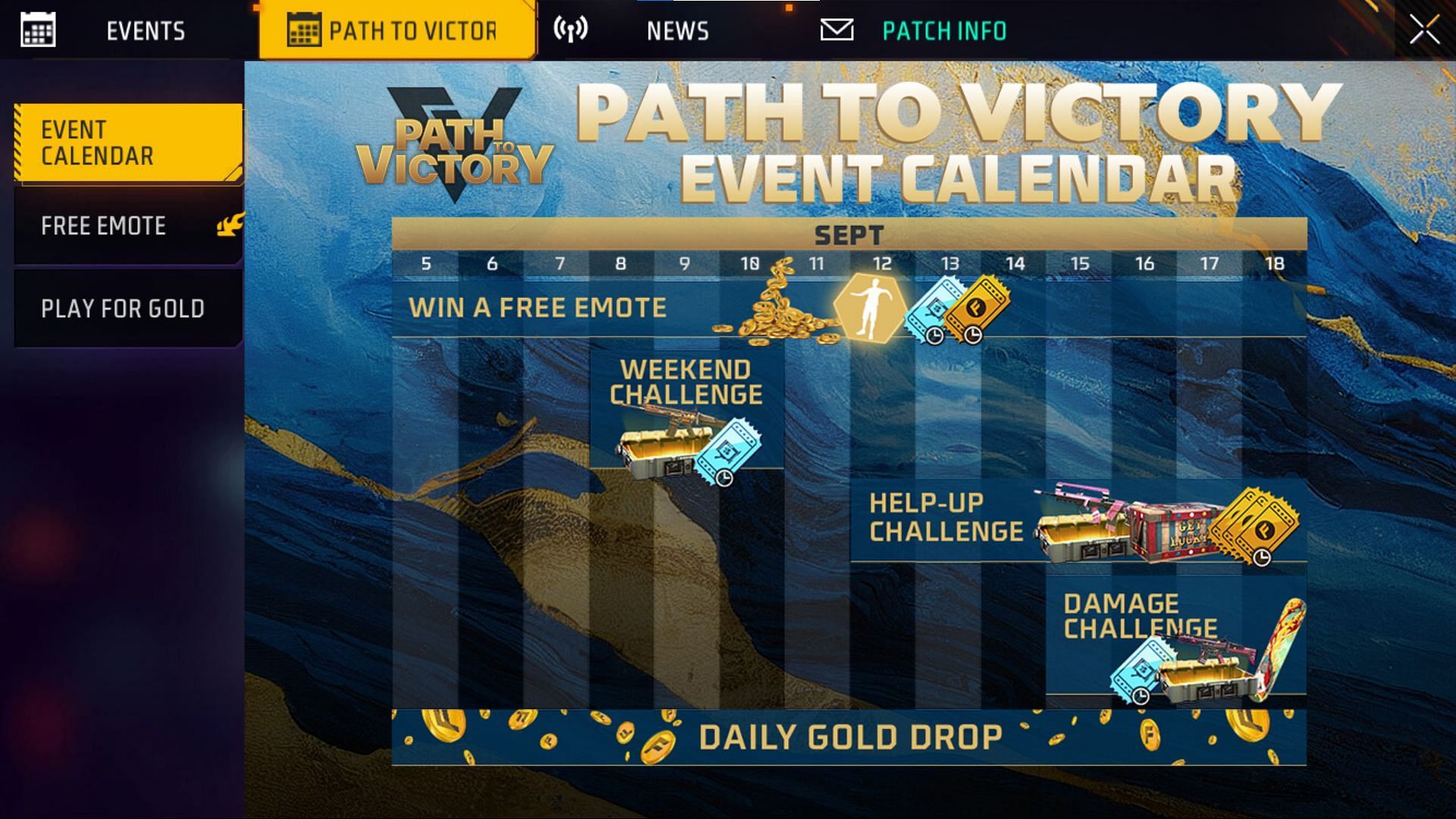 The event calendar of Path to Victory (Image via Garena)