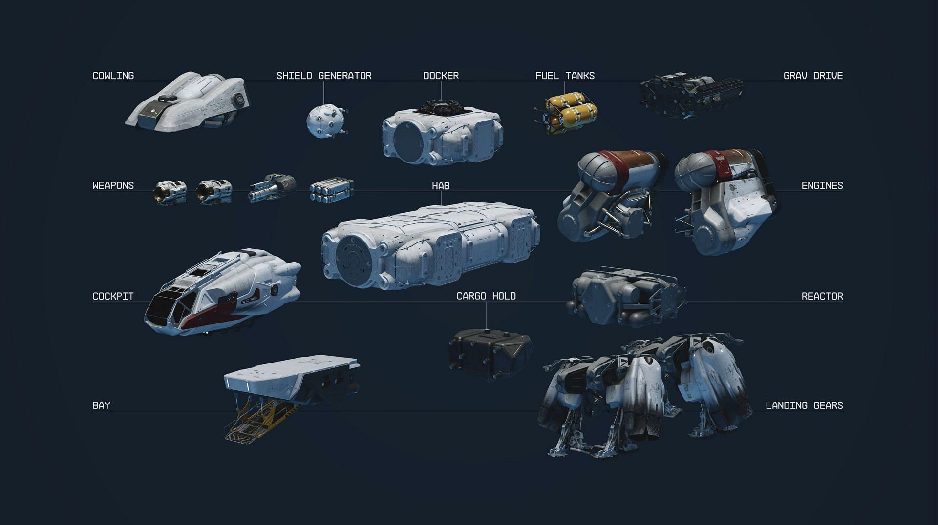 There are a total of 13 ship parts in Starfield you can customize (Image via Bethesda)