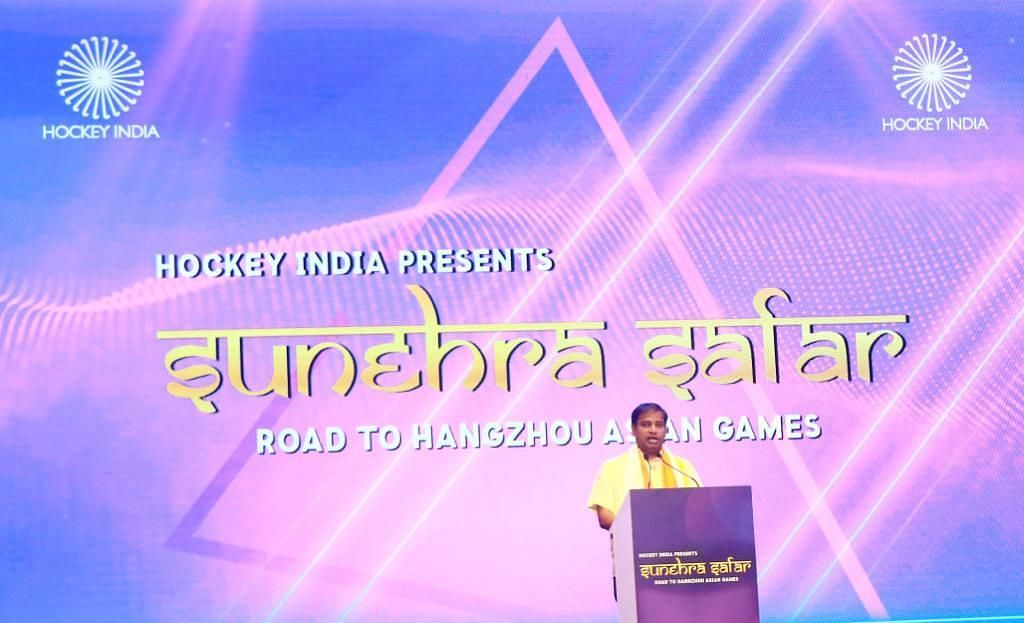 Tusharkanti Behera speaks during the Hockey event