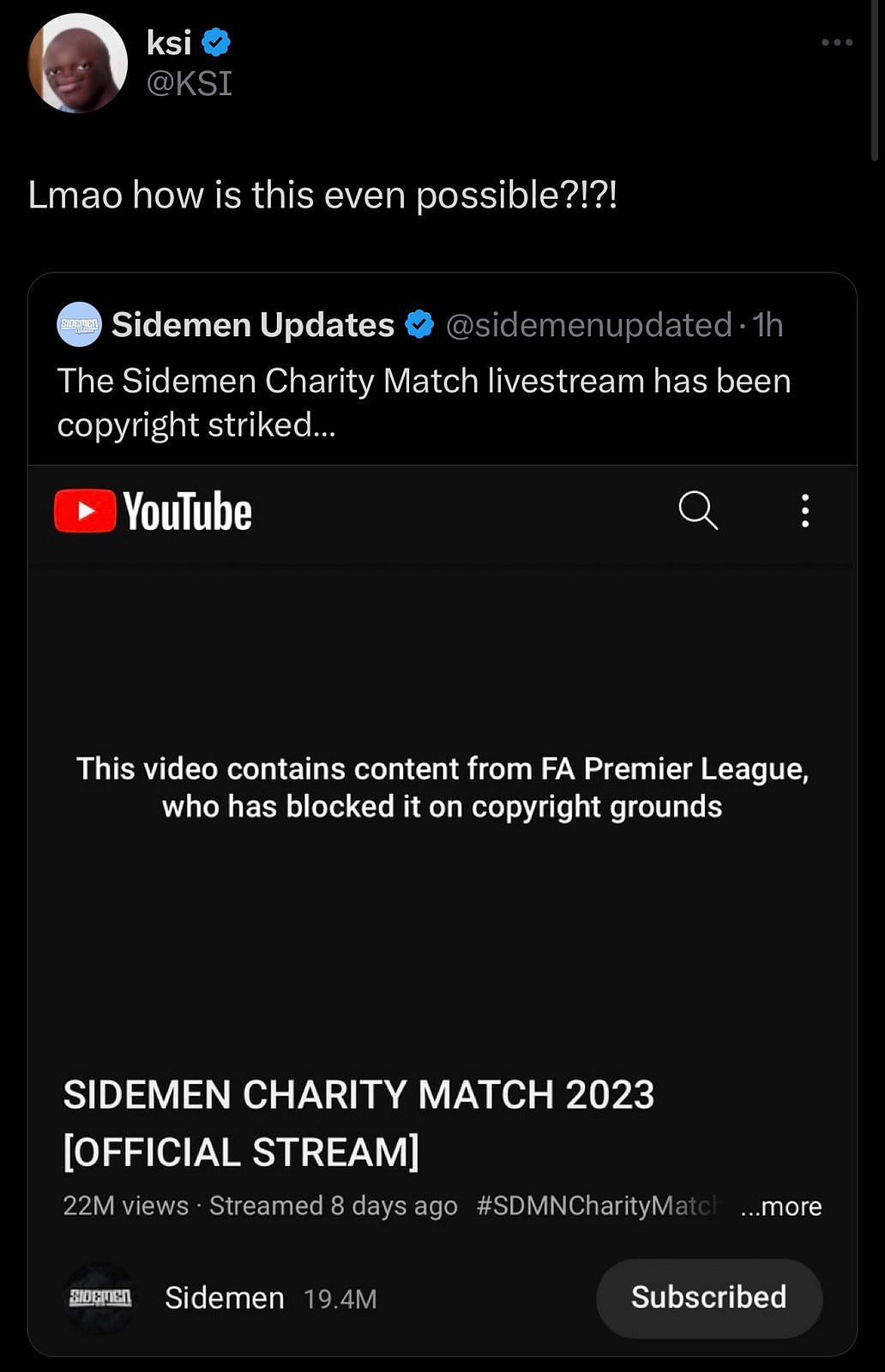 KSI was left confused with the copyright strike (Image via Twitter/X)