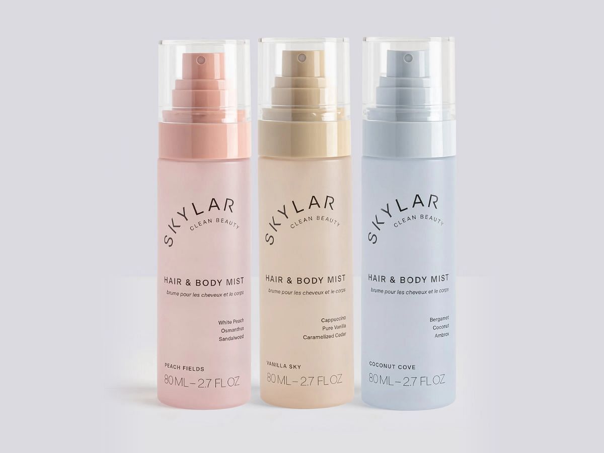 The alluring Vanilla Sky, Coconut Cove, and Peach Fields hair &amp; body mists from Skylar. (Image via Sportskeeda)