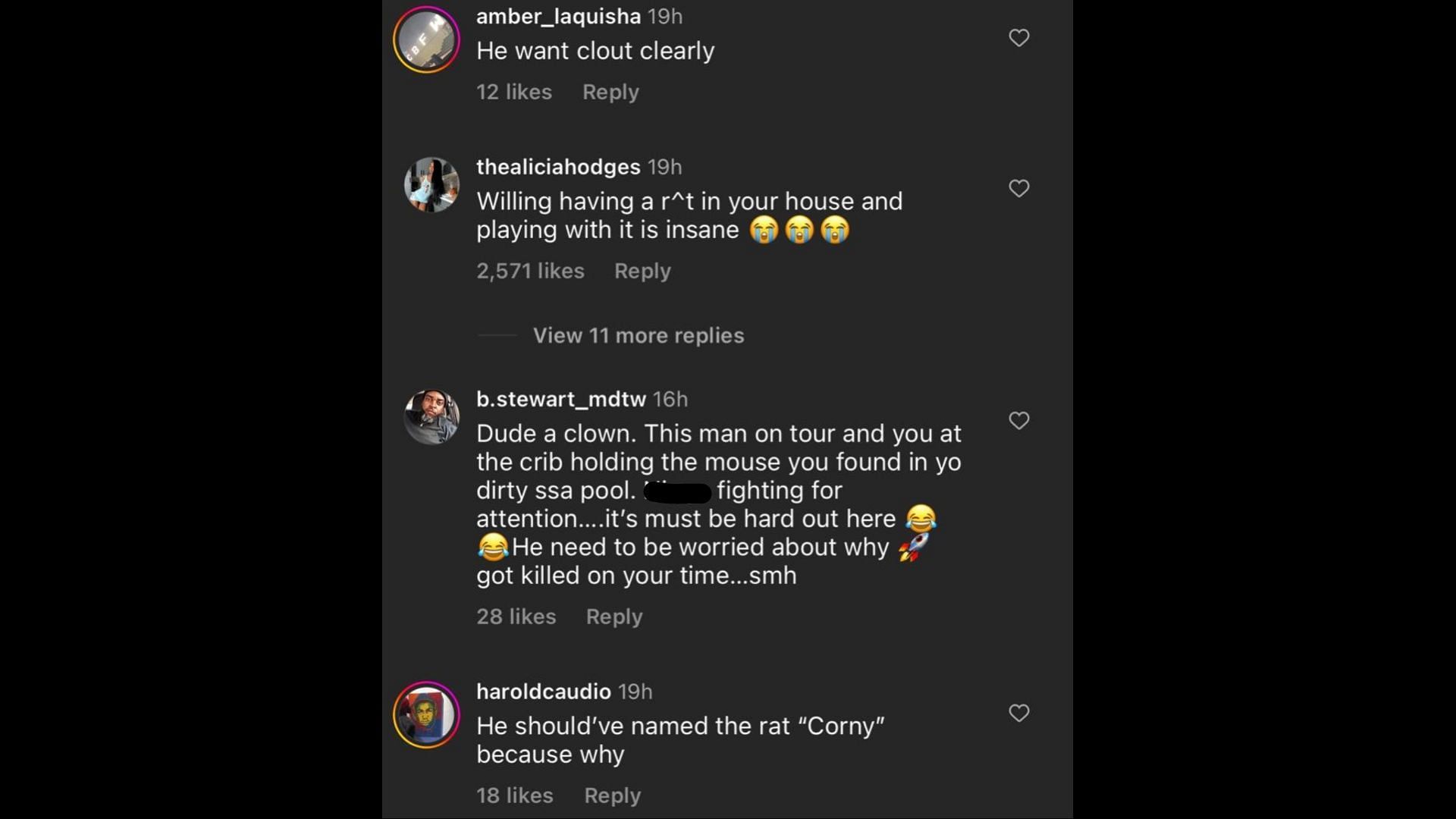 Screenshot of Internet users remarking on Prince Jr.&#039;s videos holding a rat named &quot;Gunna.&quot; (Photo via @theshaderoom/Instagram)