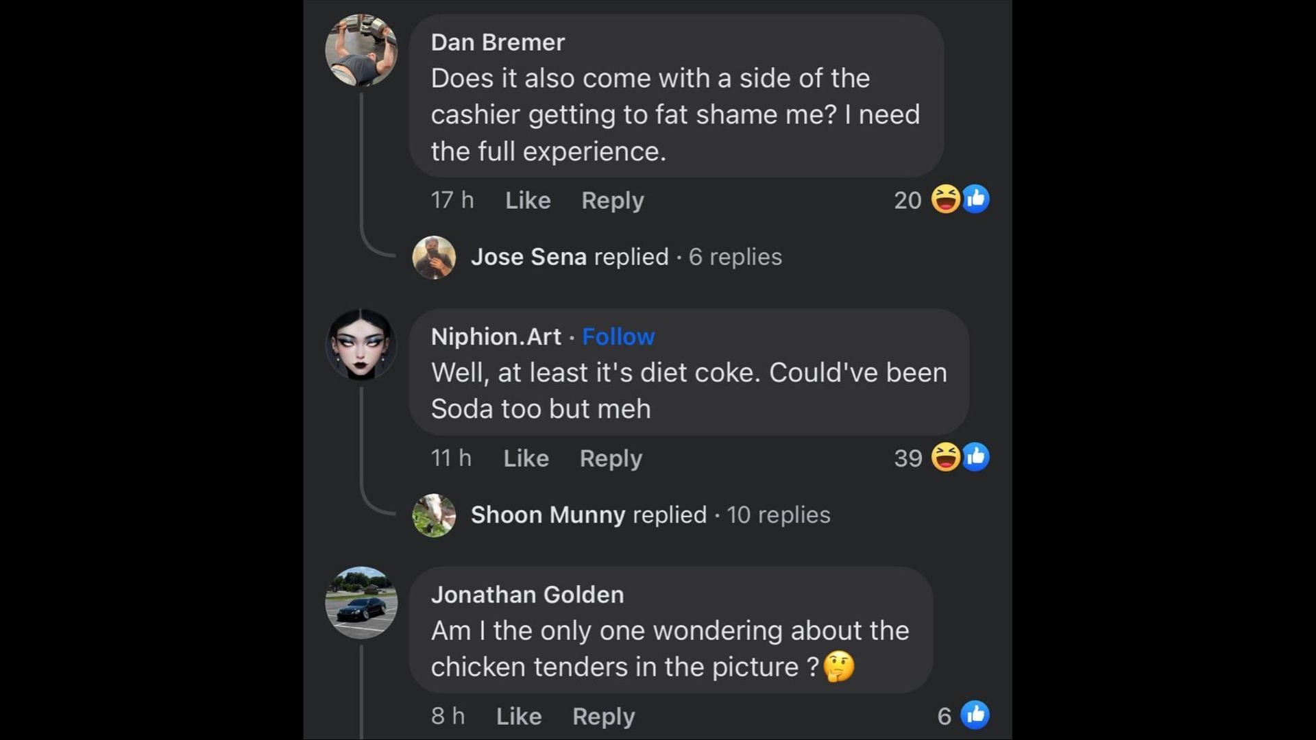 Screenshot of Facebook users remarking on the About Damn Time singer&#039;s fake McDonald&#039;s meal. (Photo via @Ingestible Memes/Facebook)