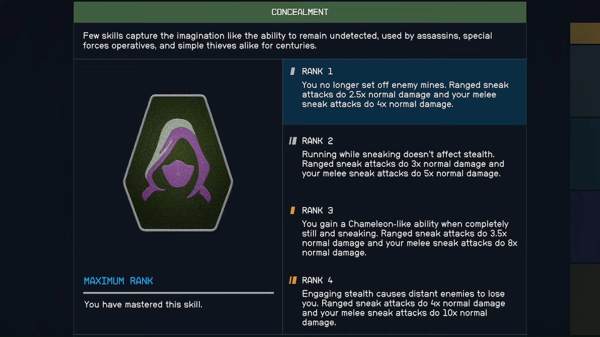 Concealment skill at Rank 1 (Image via Bethesda)