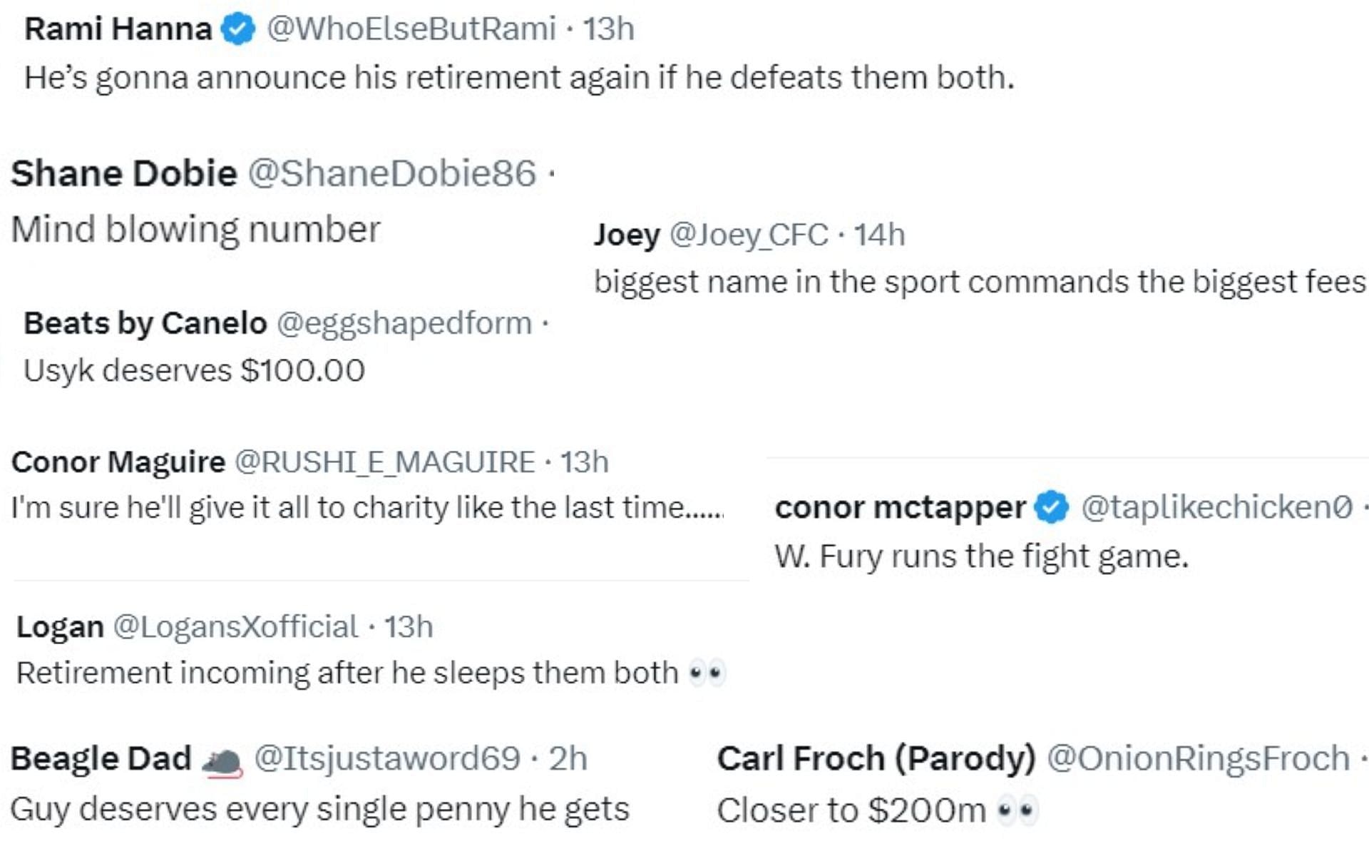 Screenshots of fan reactions to Fury&#039;s paycheck for Ngannou and Usyk fights