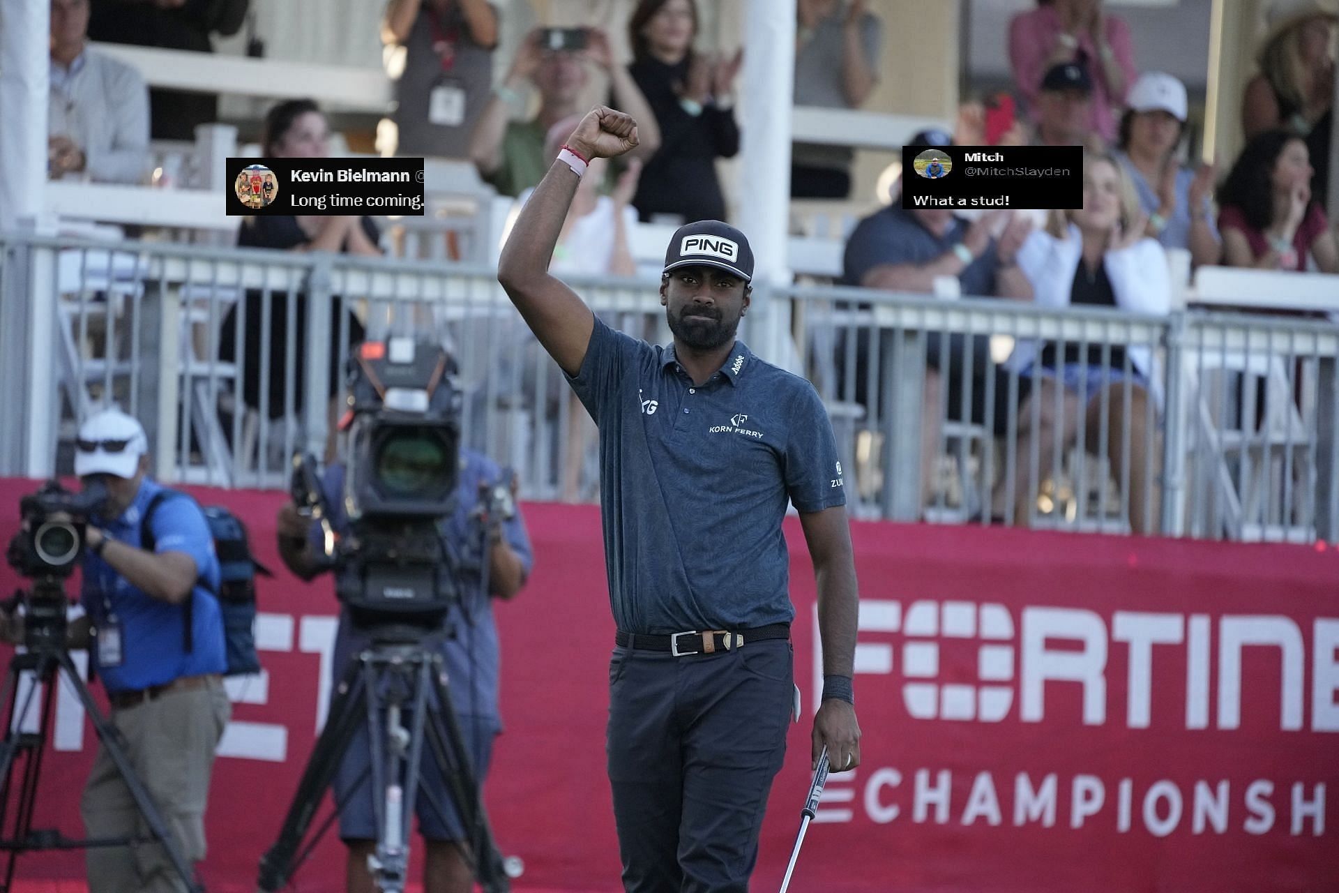 Sahith Theegala reacts after winning the Fortinet Championship 2023