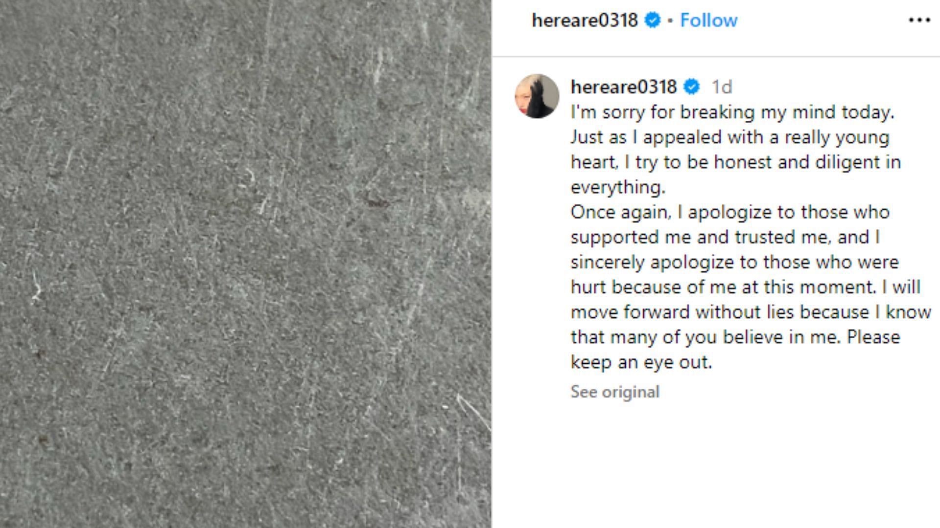 Kim Hieora apologises via an Instagram post (Image via Instagram/@hereare0318)