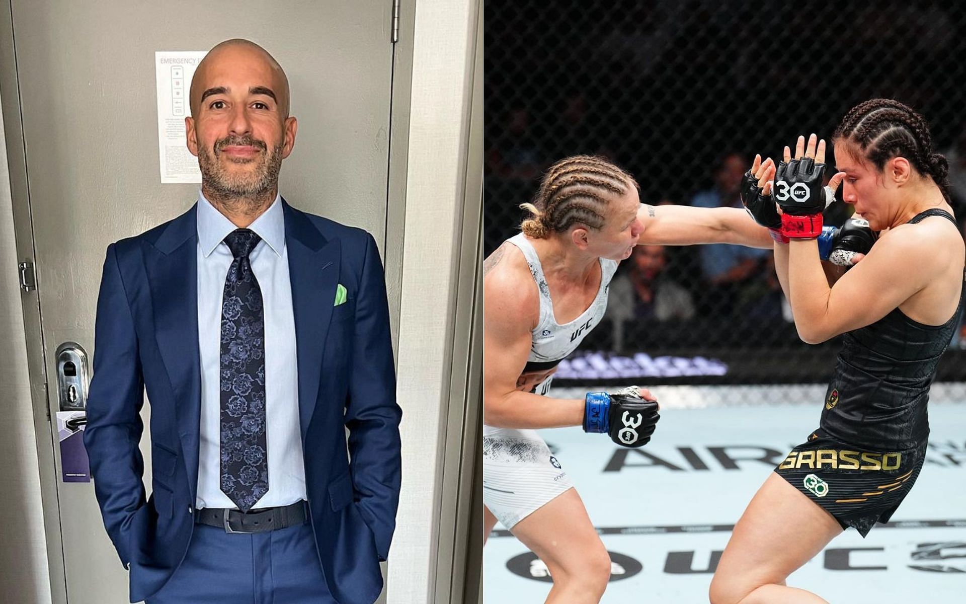 Jon Anik (left) and Alexa Grasso vs. Valentina Shevchenko (right) [Image credits: @jon_anik and @ufc on Instagram]