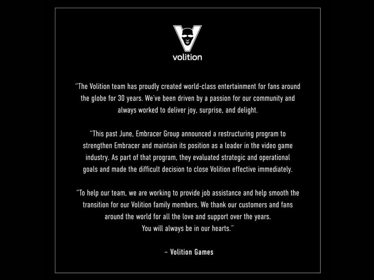 The official announcement of Volition Studios&rsquo; closure (Image via Volition Studios)