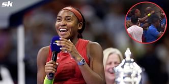 “He got caught in 4K” - Coco Gauff pulls her teary-eyed father's legs as she thanks her family and friends following US Open 2023 title win