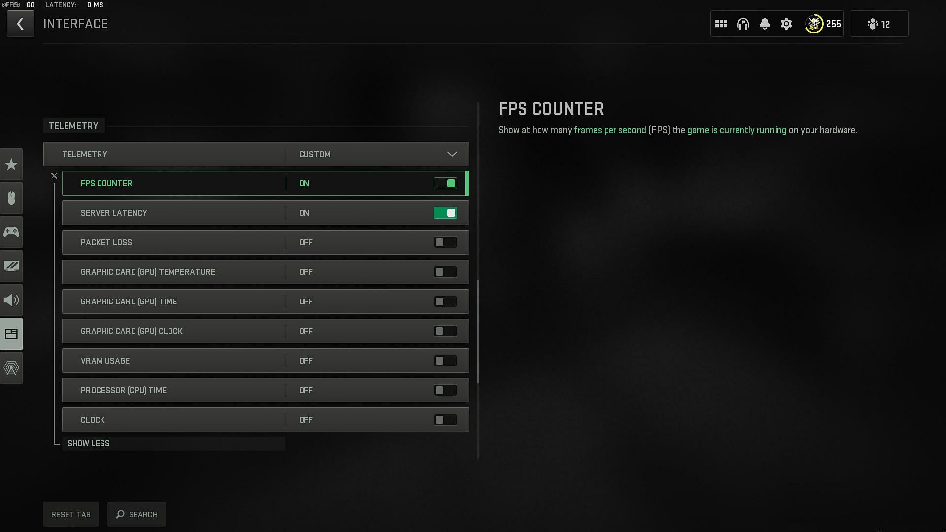 FPS Counter in Interface settings (Image via Activision)