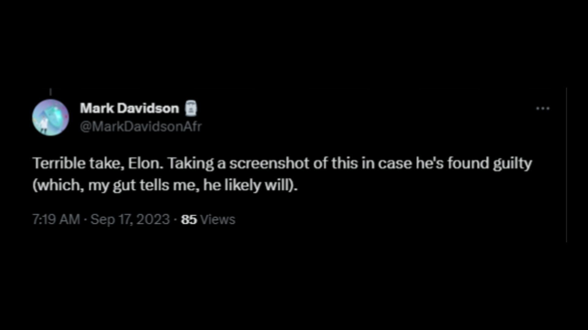 Screenshot of an X user remarking on Musk supporting Brand amidst some serious criminal allegations against him. (Photo via @elonmusk/X)