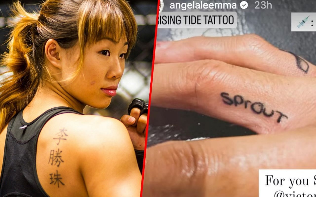 Angela Lee (left) and Angela Lee&rsquo;s tattoo (right)