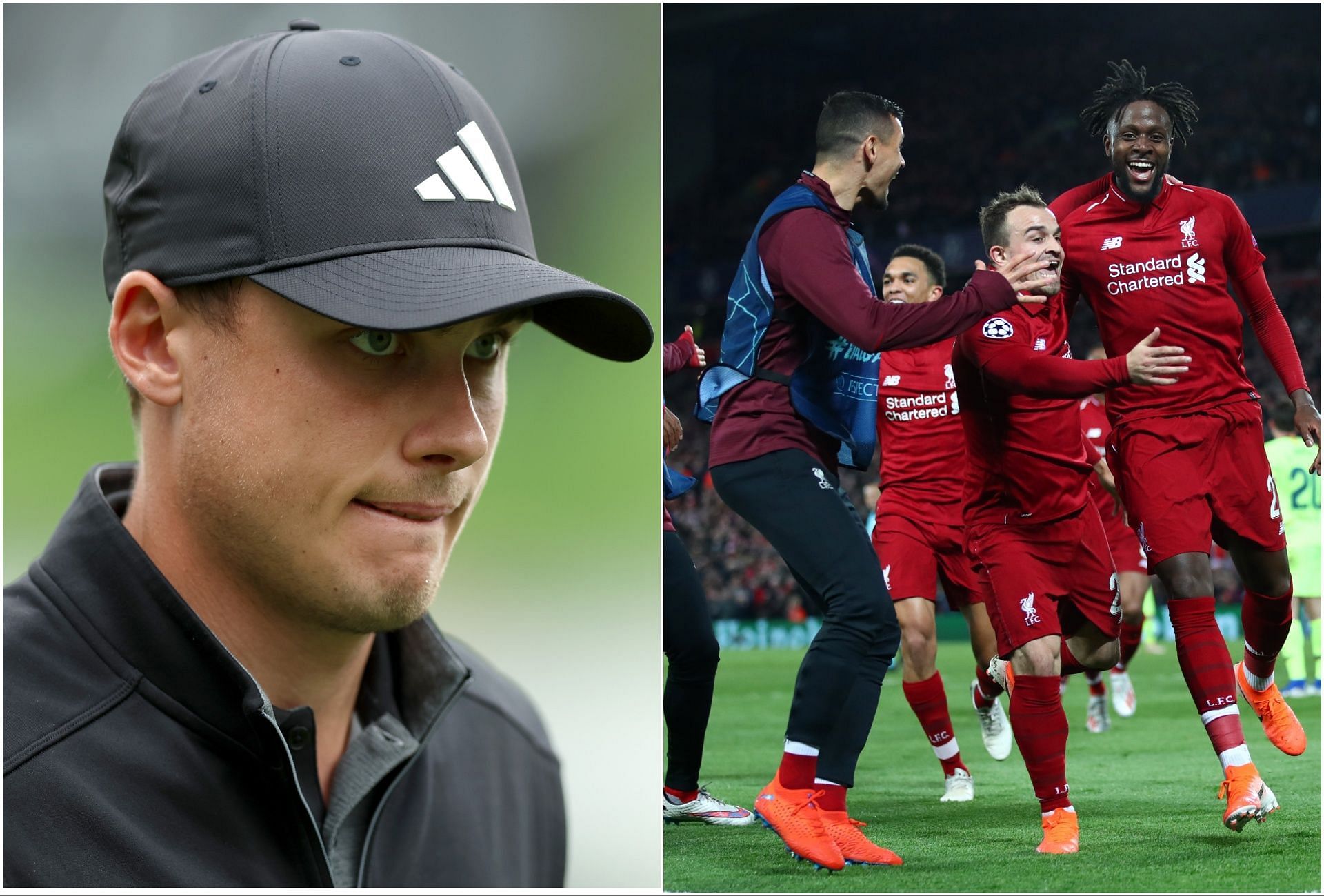 Ludvig Aberg (Left) &amp; Liverpool players celebrate their win against Barcelona in the UCL semi final (Right) (via Getty Images)
