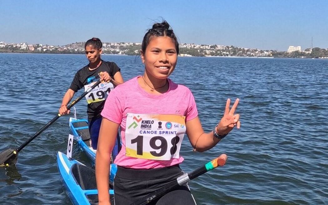 Leichonbam Neha Devi after winning a medal at the Khelo India Youth Games. (Picture Credits: Odisha Sports) 