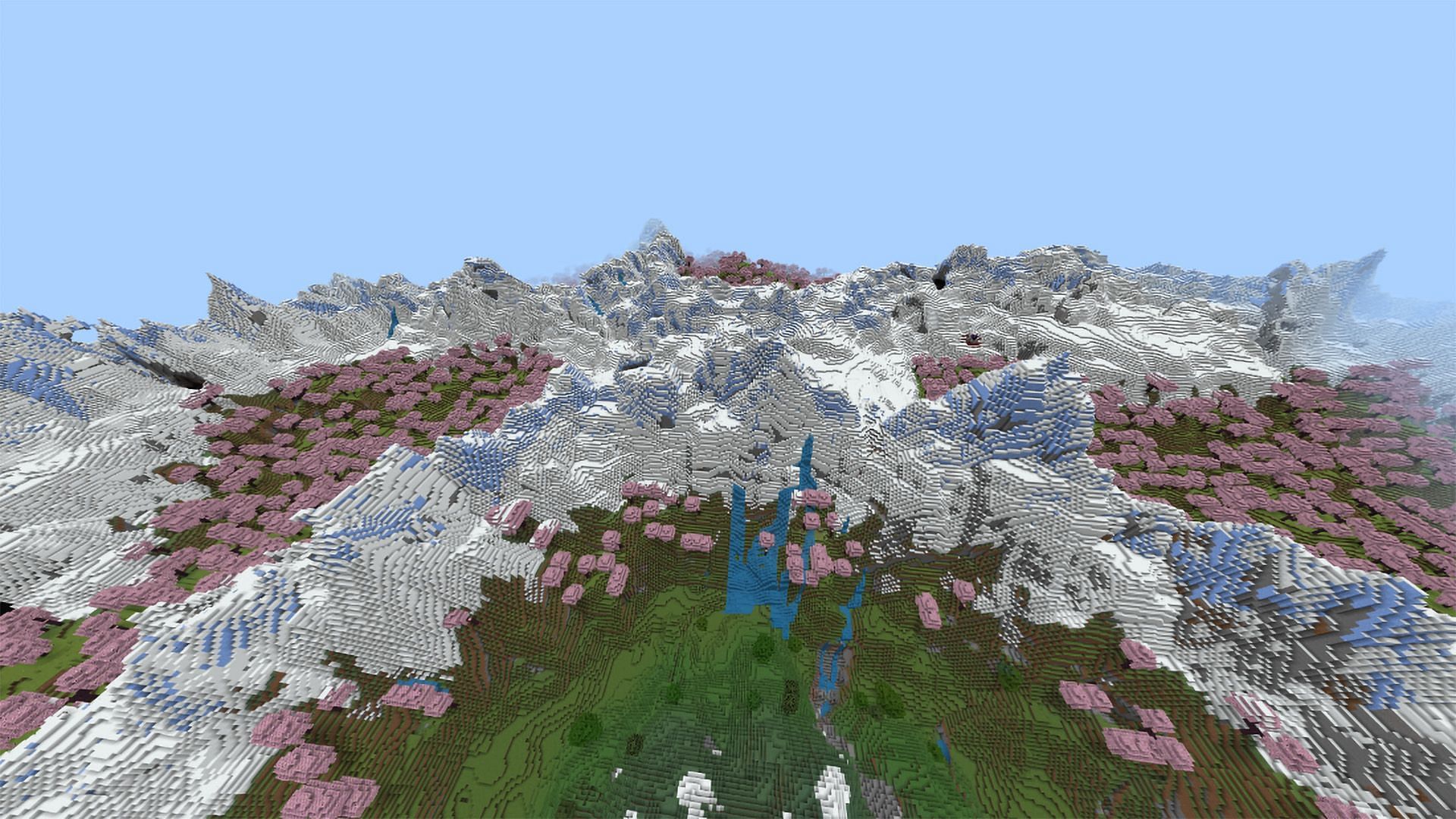 The wondrous generation of dense cherry grove biome with the snow-clad peaks in Minecraft (Image via Mojang)