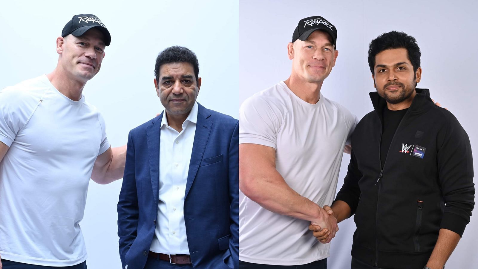John Cena with Rajesh Kaul (left), and Karthi (right)