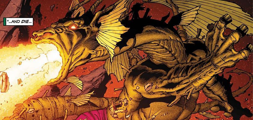 Fin Fang Foom has even battled the Justice League of America! (Image via Marvel Comics)