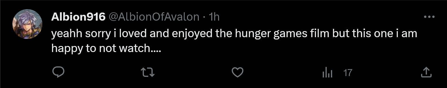 A tweet reply to DF&#039;s post about the upcoming Hunger Games (Image via X)