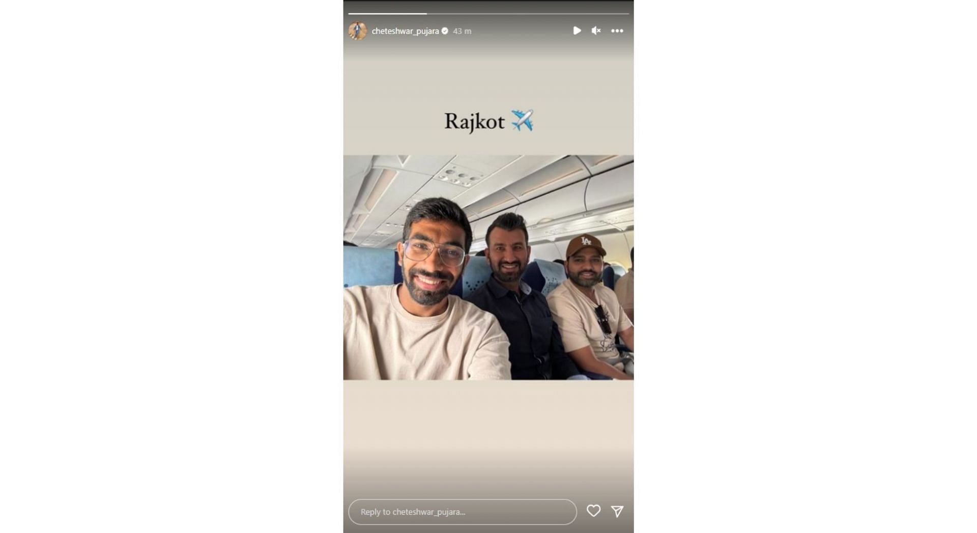 Jasprit Bumrah (left), Cheteshwar Pujara (middle), and Rohit Sharma (right) on a Rajkot-bound Indigo flight from Mumbai.