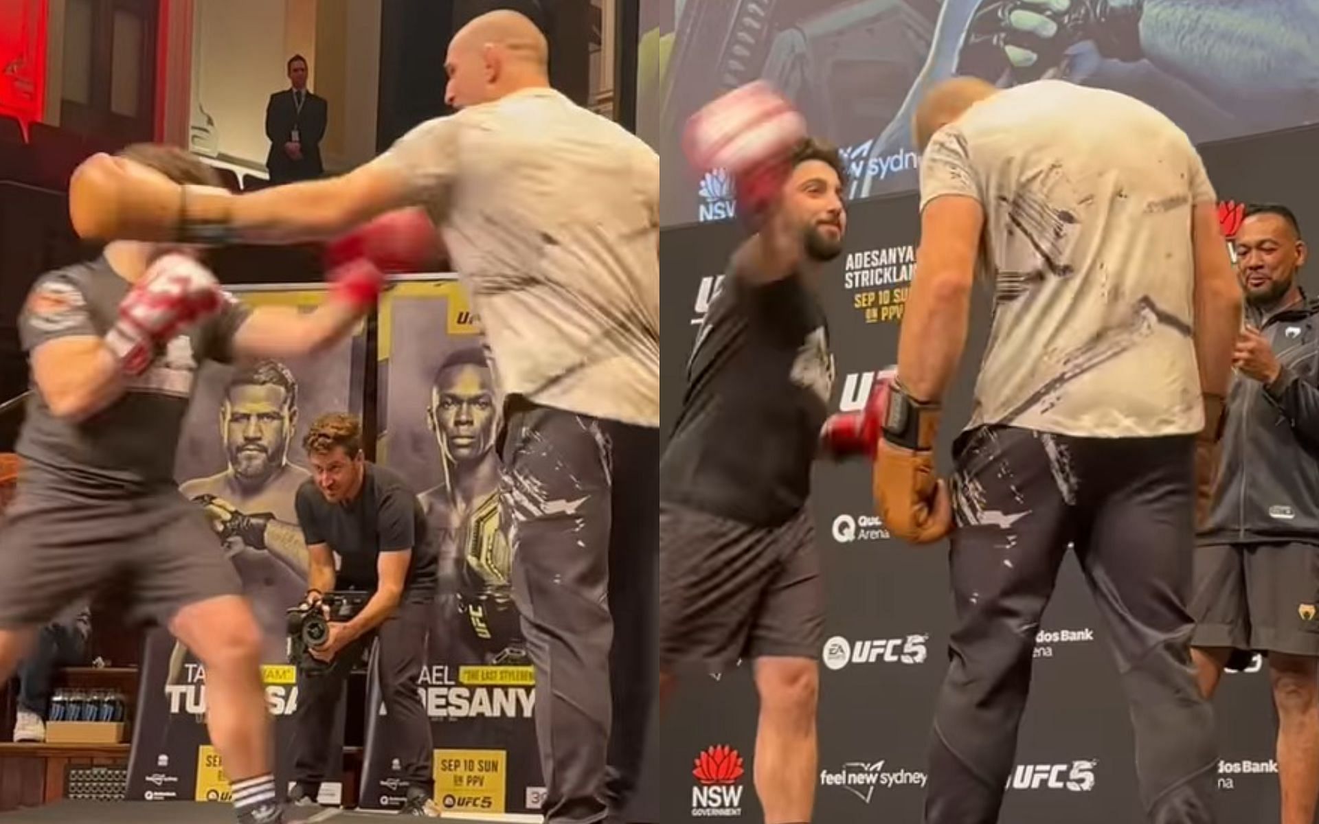 Sean Strickland sparring fan at UFC 293 open workouts (left) and (right) [Images Courtesy: @MMAJunkie on Instagram]