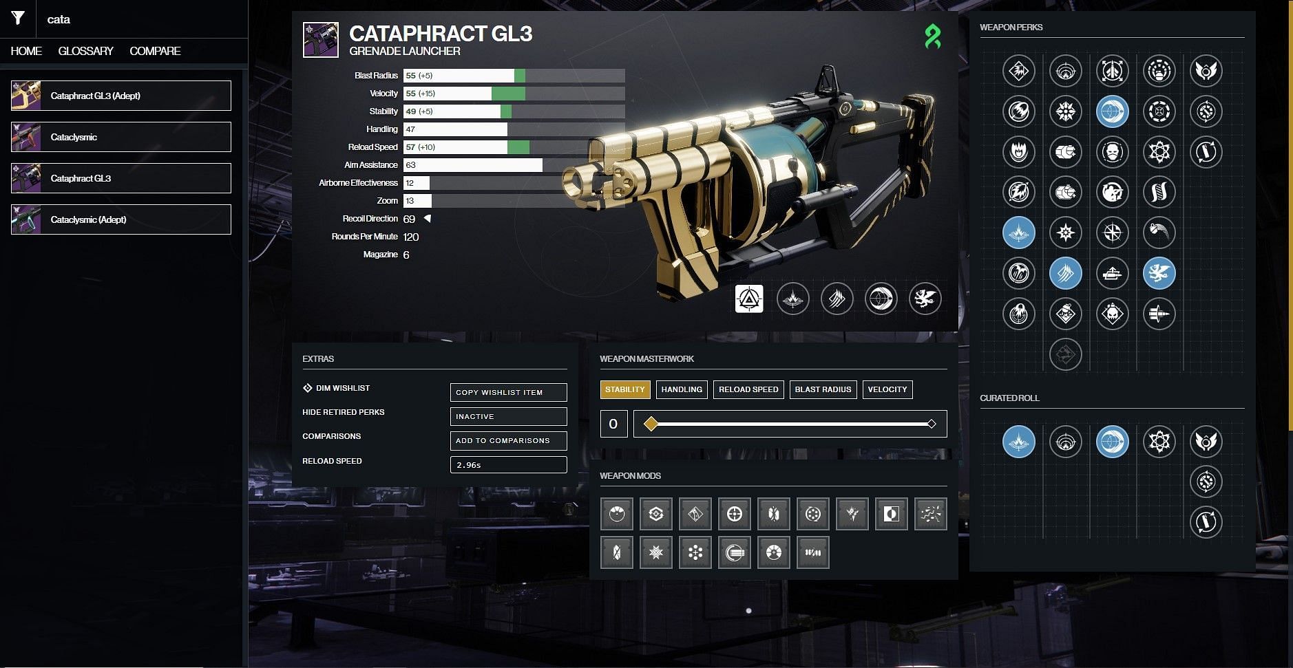 Cataphract GL3 god roll for PvP (Image via D2Gunsmith)