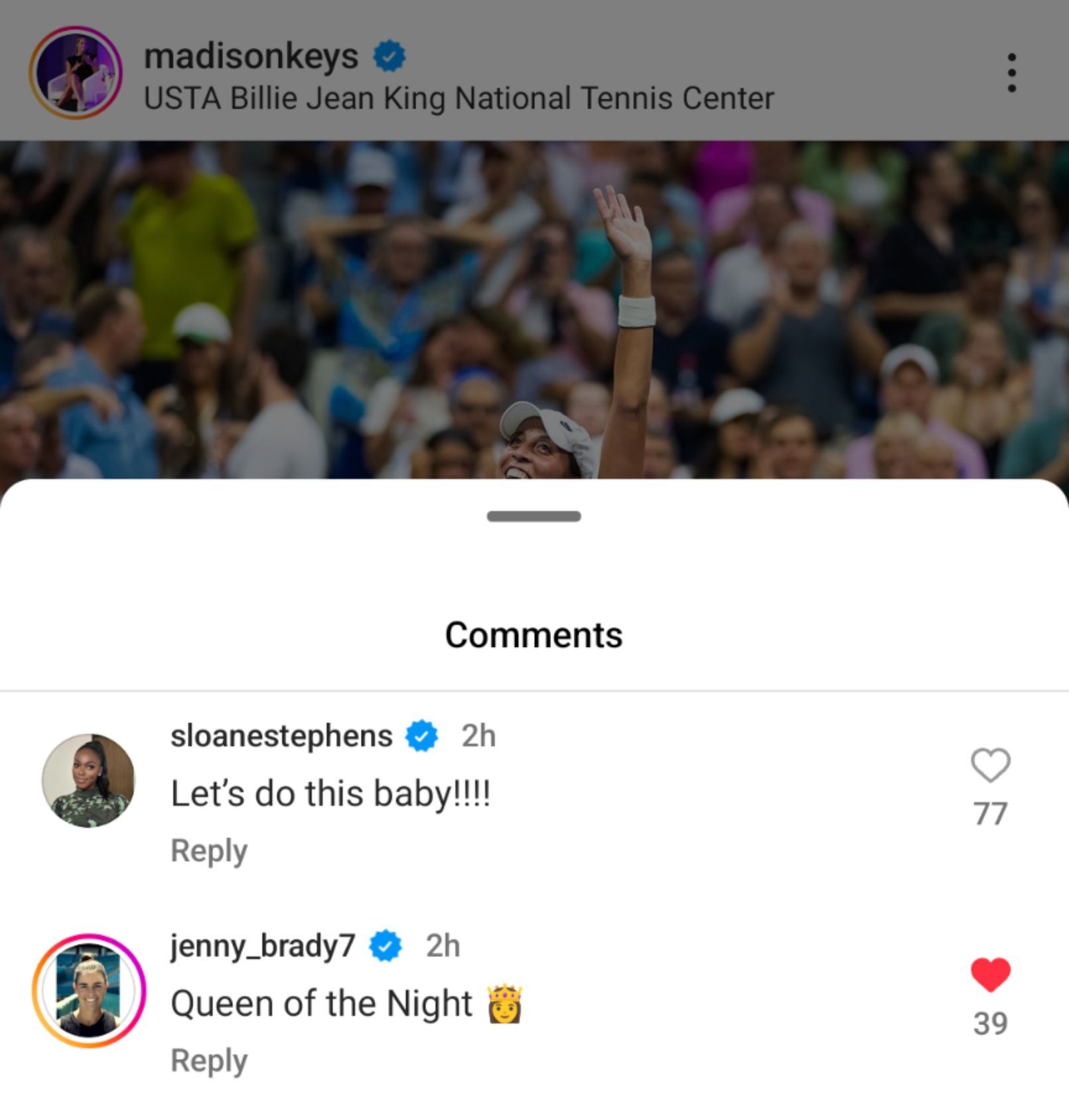 A screen capture of Sloane Stephens and Jennifer Brady&#039;s comments on Madison Keys&#039; Instagram post