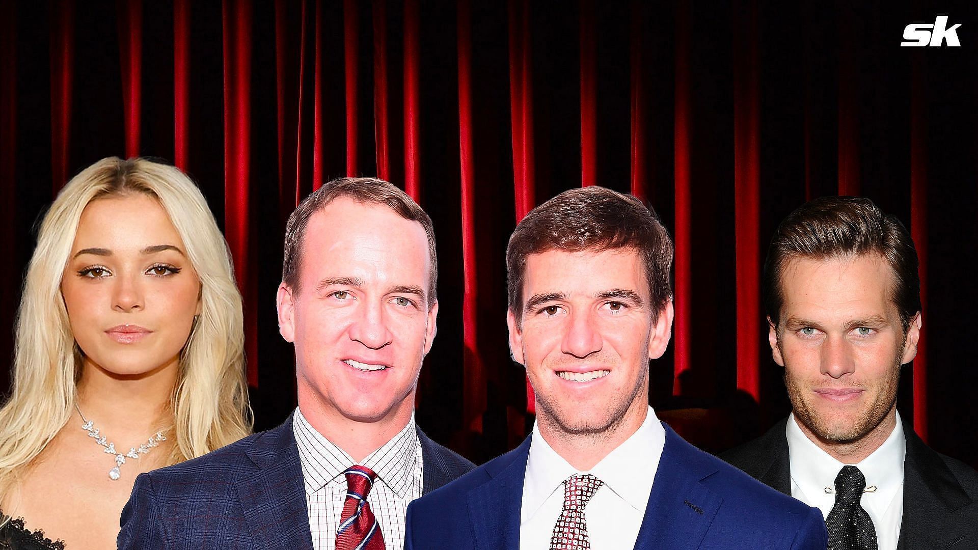 Peyton and Eli Manning alongside Olivia Dunne and Tom Brady 