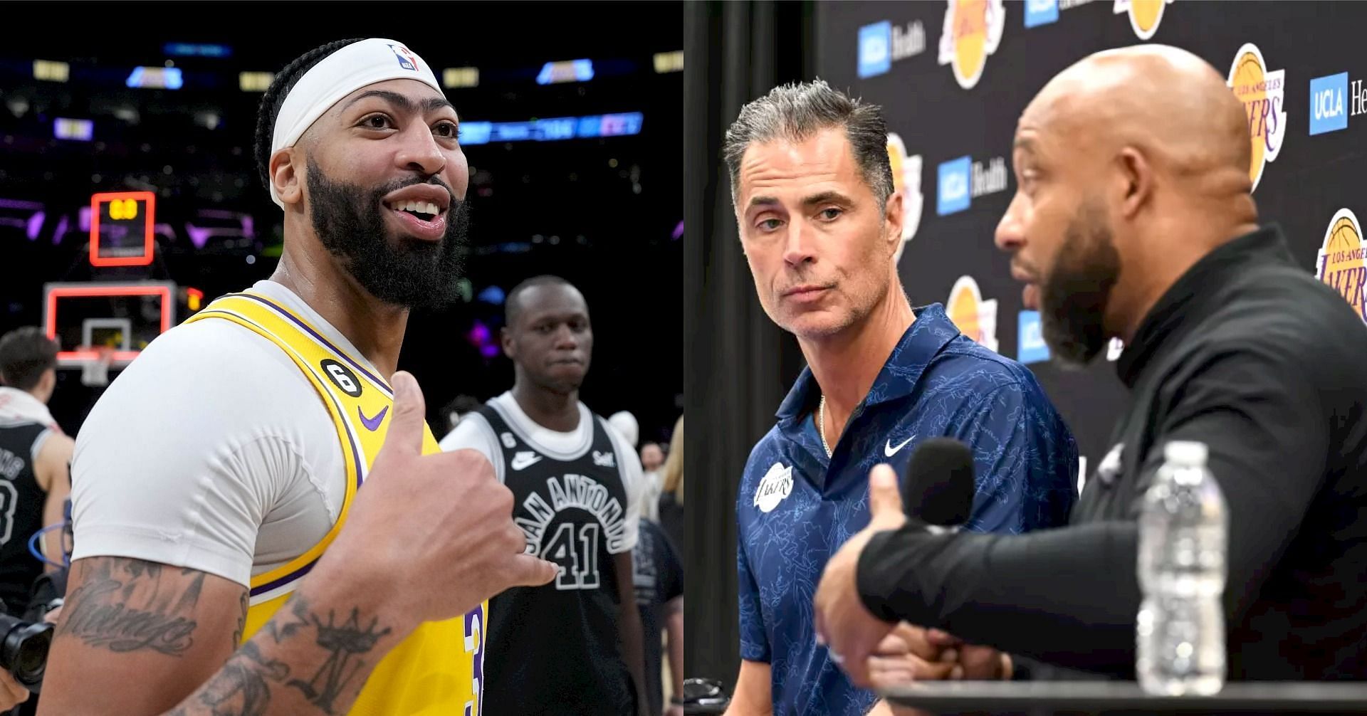 LA Lakers star big man Anthony Davis, Lakers GM Rob Pelinka and Lakers coach Darvin Ham