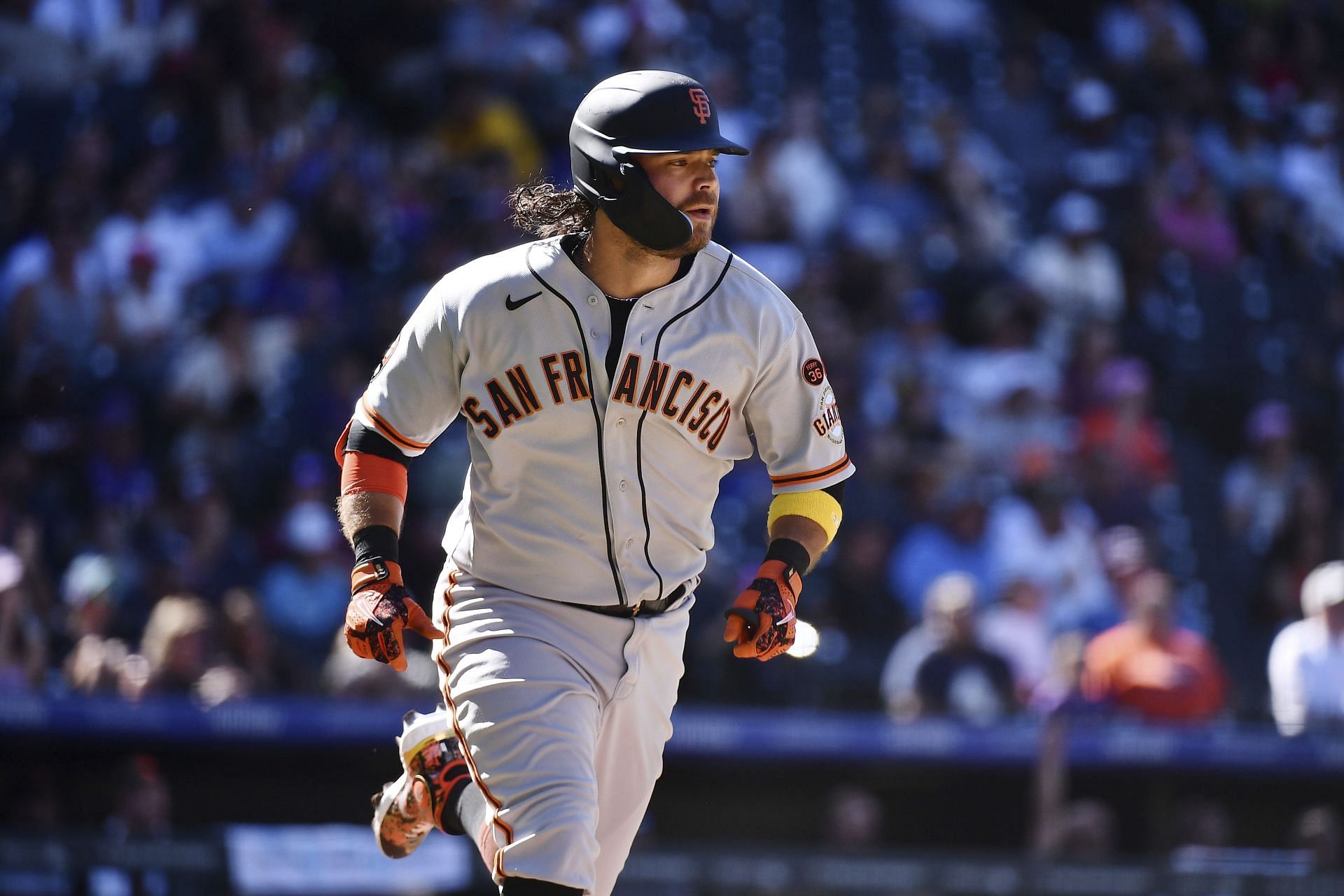 San Francisco Giants&#039; Brandon Crawford runs the bases after a home run against the Colorado Rockies