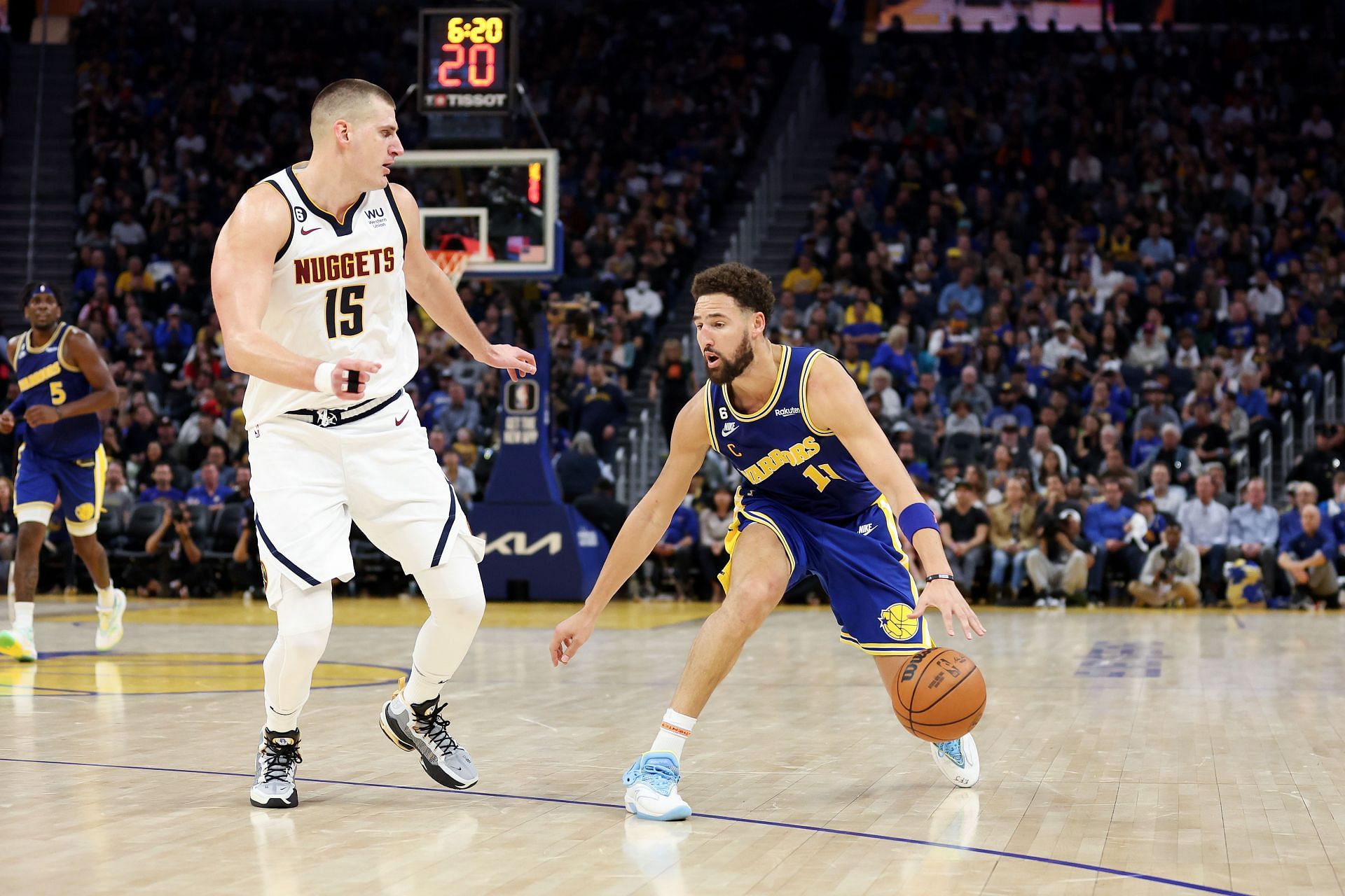 Denver Nuggets superstar center Nikola Jokic and Golden State Warriors star shooting guard Klay Thompson