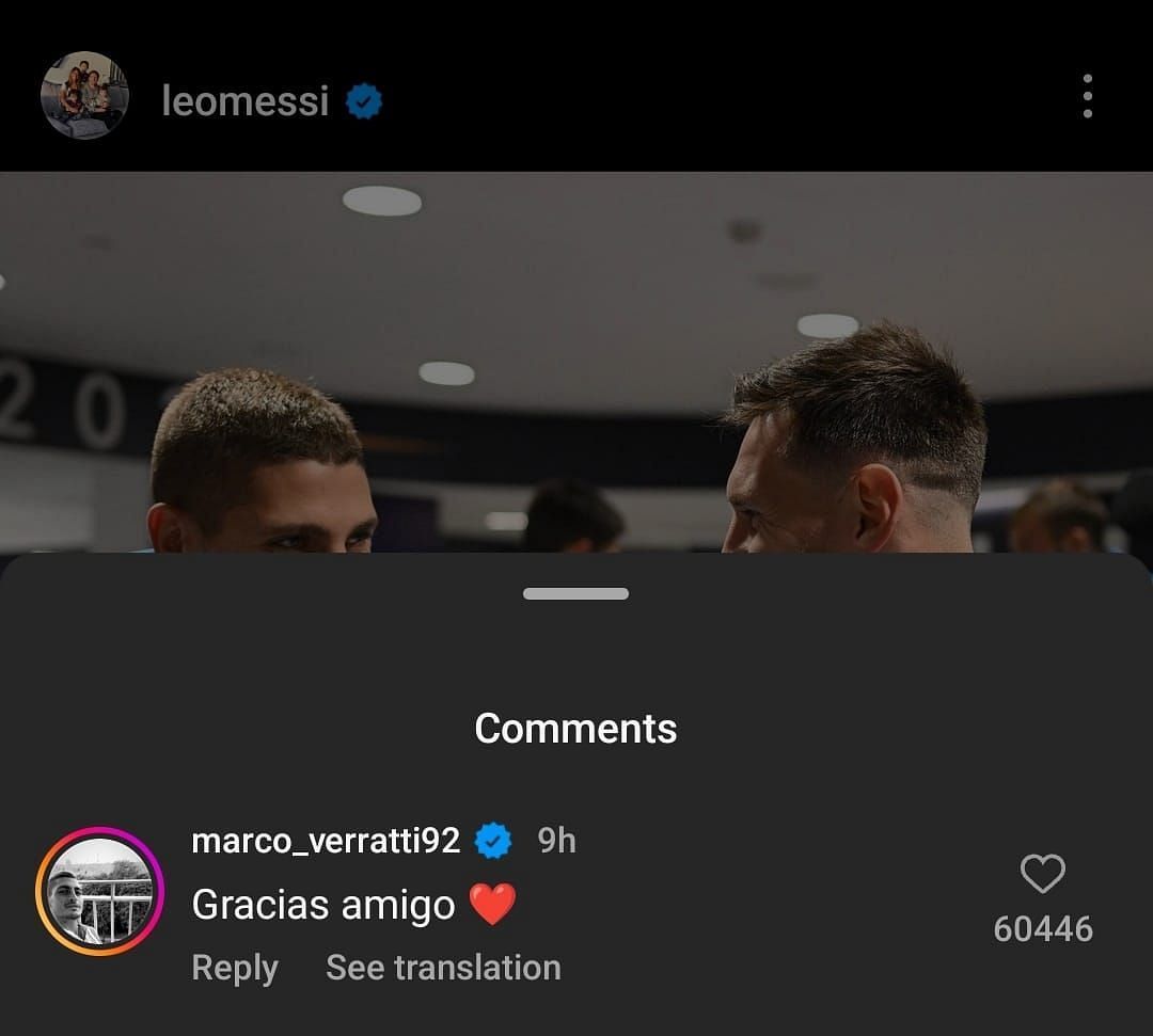 A screenshot of Marco Verratti&#039;s comment on Lionel Messi&#039;s Instagram post.