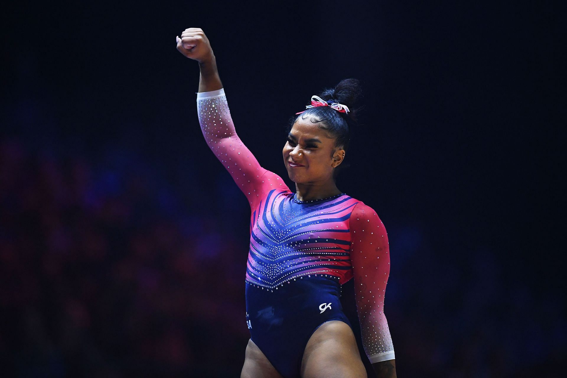 Jordan Chiles celebrates after completing her routine at the 2022 Gymnastics World Championships, in Liverpool, England