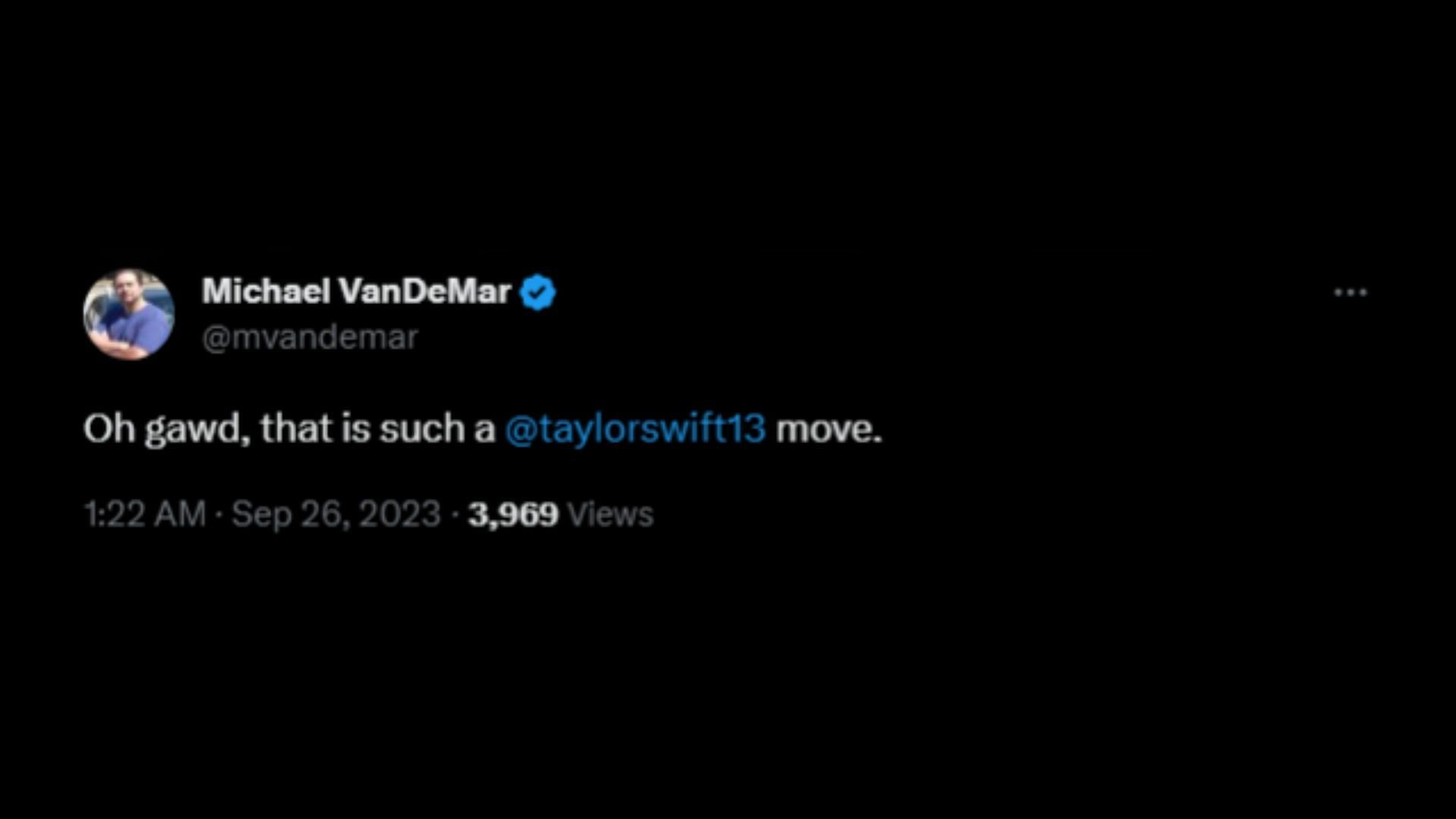 Screenshot of an X user remarking on Swift allegedly leaving Travis Kelce&#039;s game in a popcorn machine. (Photo via @TMZ/X)
