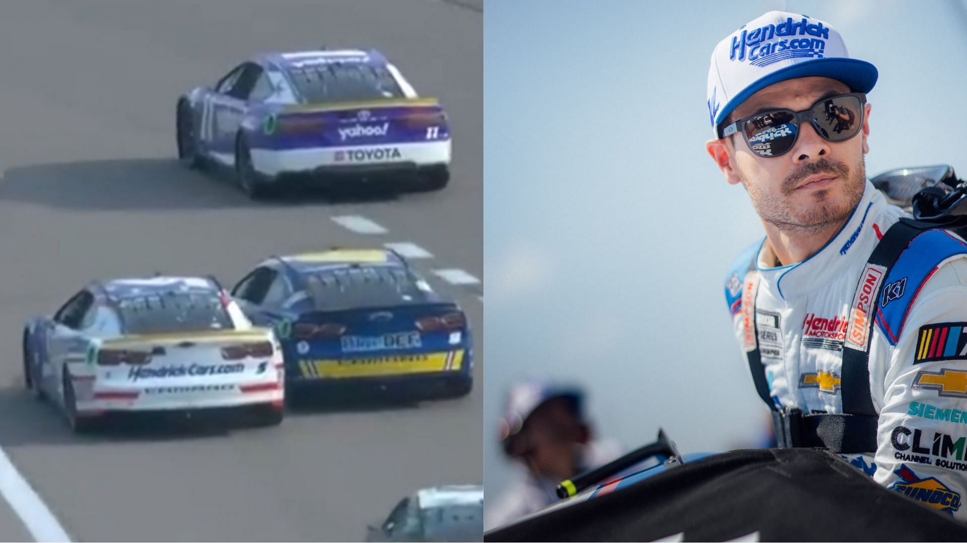 Kyle Larson reacts to his incident with Chase Elliott at the Kansas Speedway 