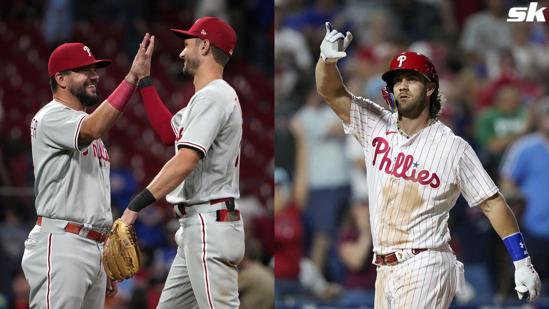 Kyle Schwarber, Trea Turner and Byrce Harper of the Philadelphia Phillies