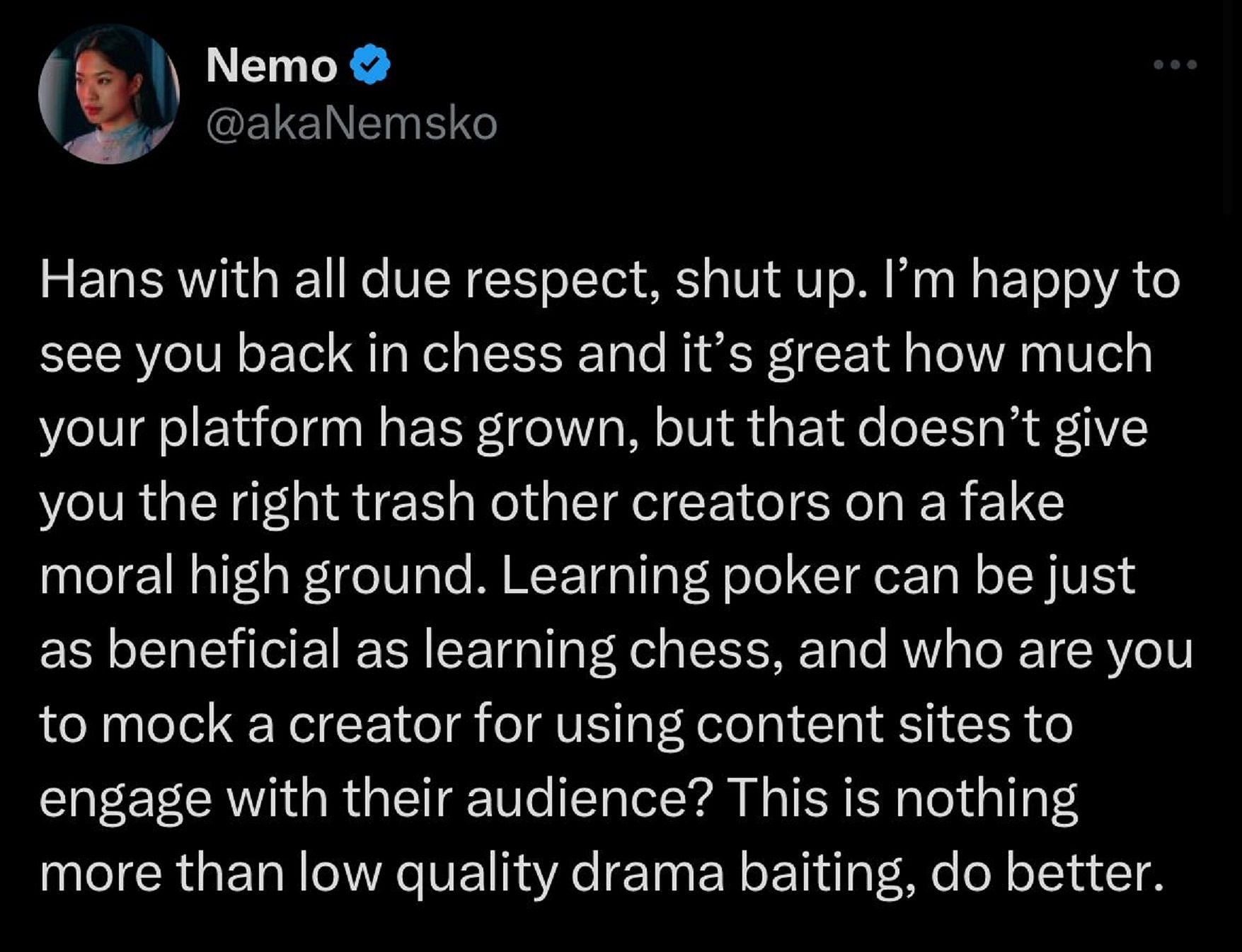 Nemo fires back at Hans for his recent take (Image via Twitter/X)