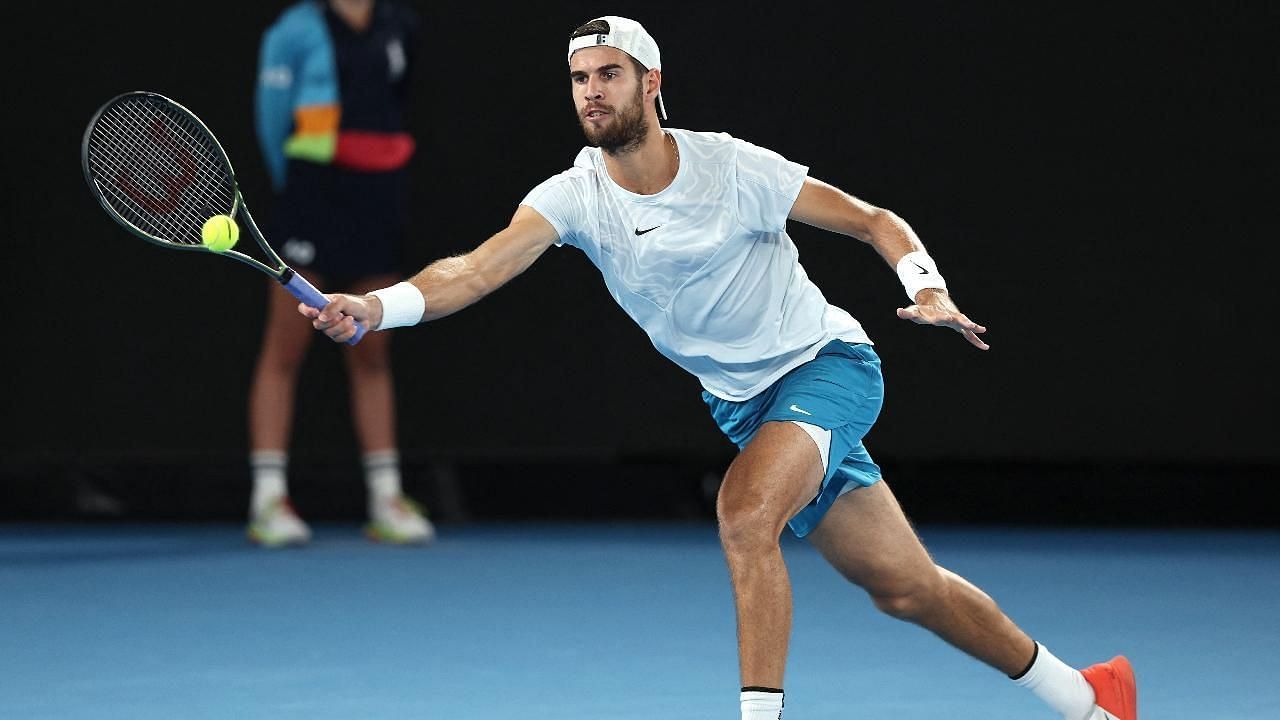 Karen Khachanov retrives a ball at the 2023 Australian Open