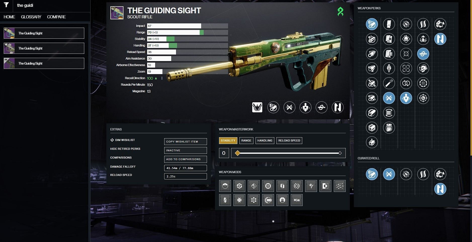 The Guiding Sight god roll for PvP (Image via D2Gunsmith)