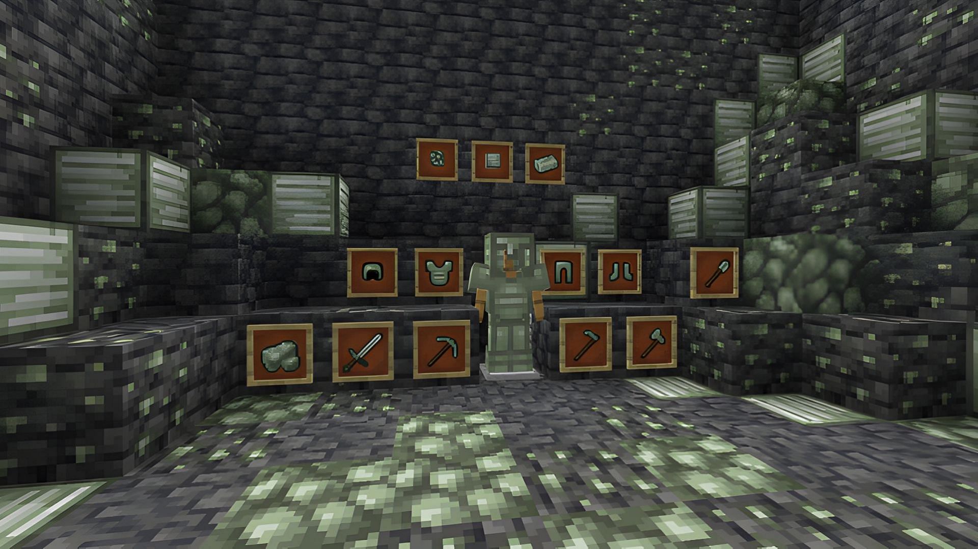 Tungsten gear and tools provided by the More Tools Add-On for Minecraft (Image via SorYPMod/MCPEDL)