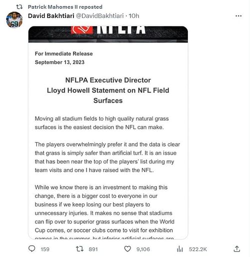 Patrick Mahomes supporting the NFLPA's stance on playing turf