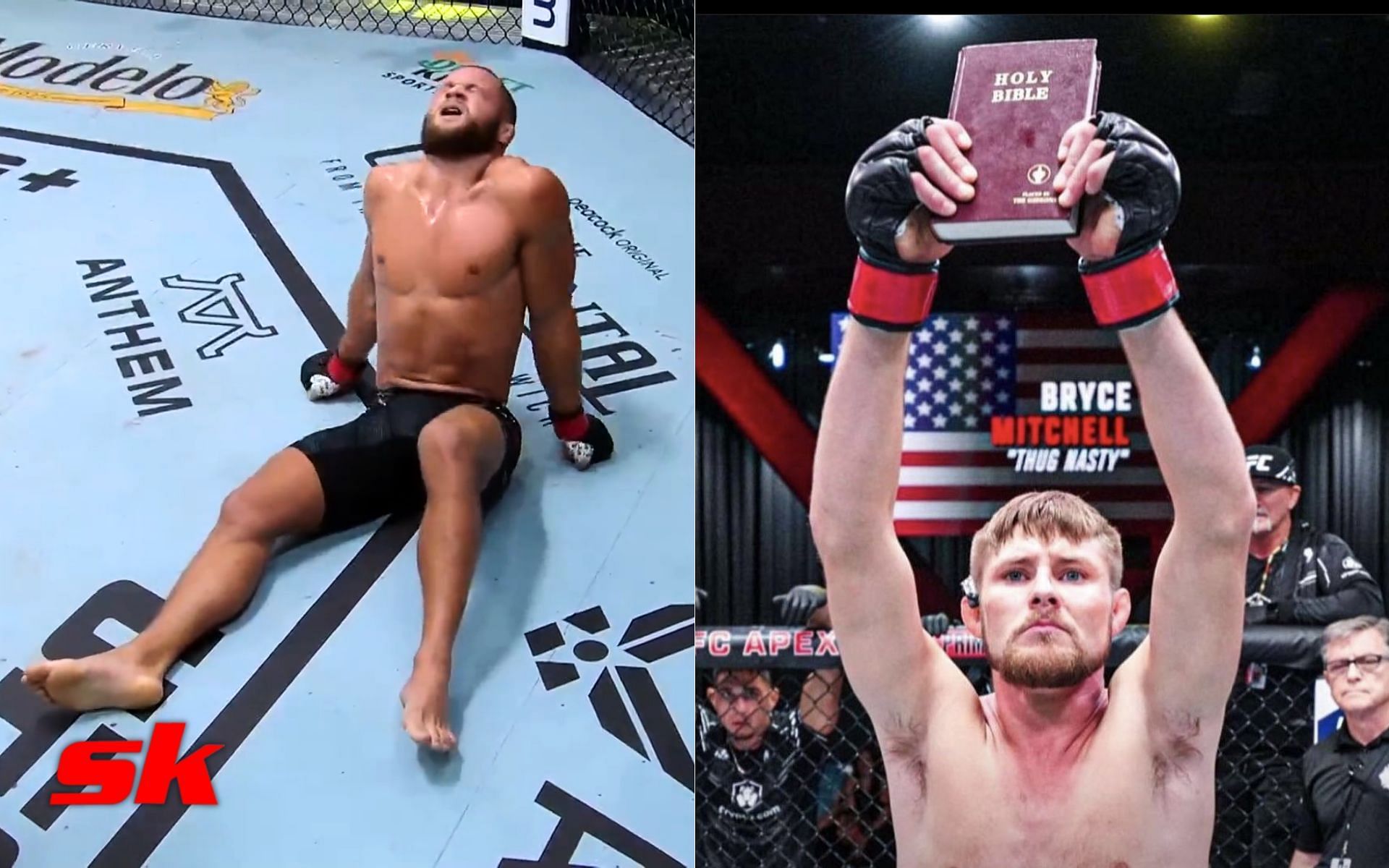 Rafael Fiziev after leg injury (left - via @UFC_Asia), Bryce Mitchell (right - via @thugnastymma)