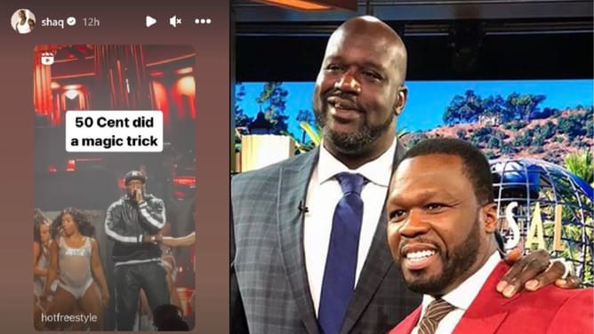 Shaquille O'Neal is astonished as 50 Cent pulls a Houdini out of his bag in a show