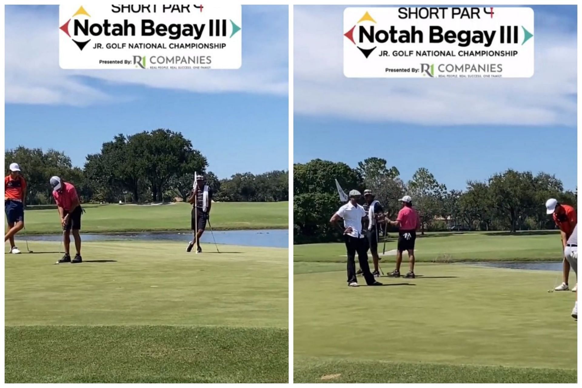 Tiger Woods was caddying for Charlie Woods at the Notah Begay III regional(Image via Twitter.com/NUCLR Golf)
