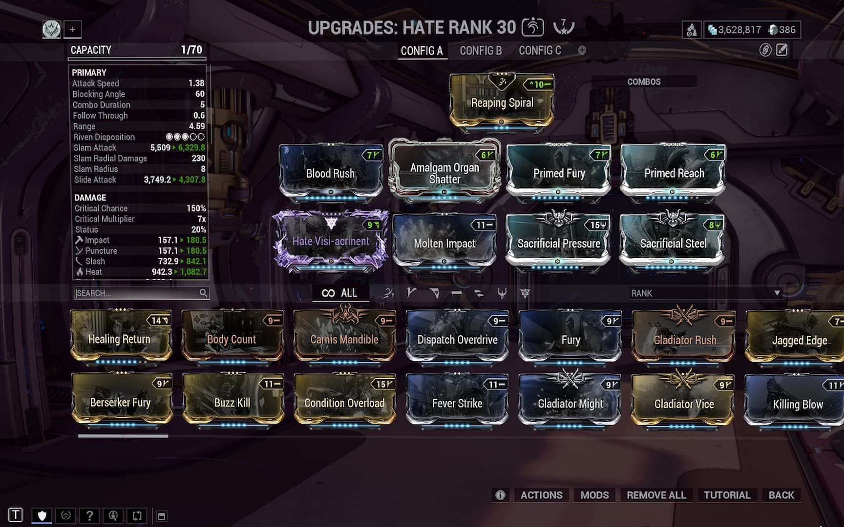 Incarnon Hate can be built for heavy attacks thanks to the high critical chance (Image via Digital Extremes)