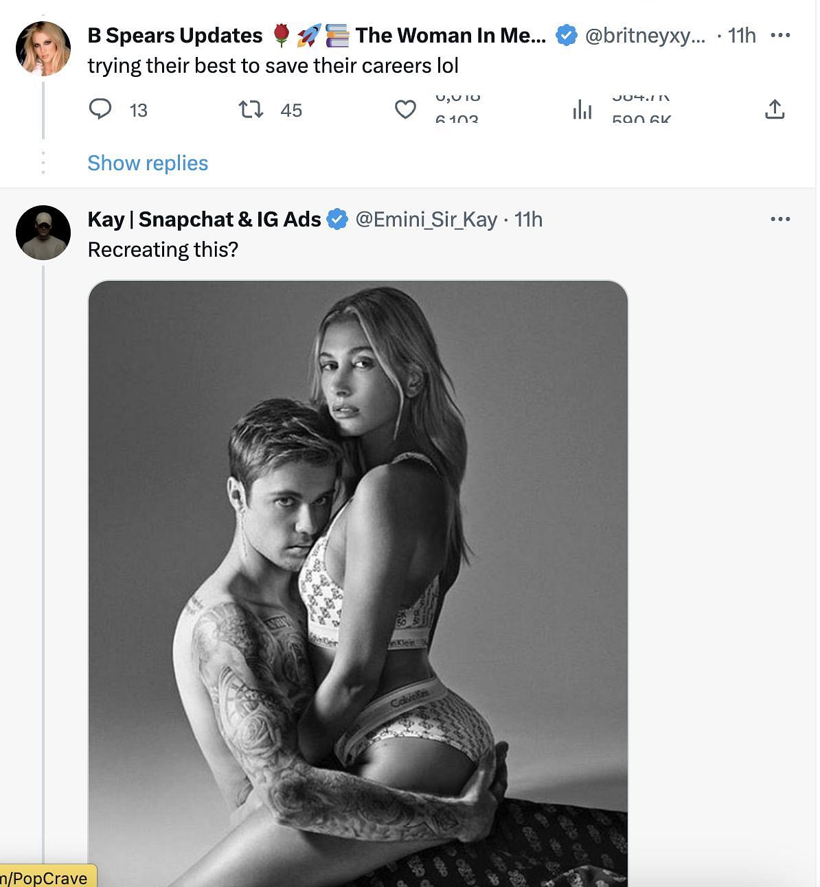 Social media users share reactions as Alex Pall and Andrew Taggart shared a parody image of the 2019 CK photoshoot featuring Justin and Hailey Bieber. (Image via X)