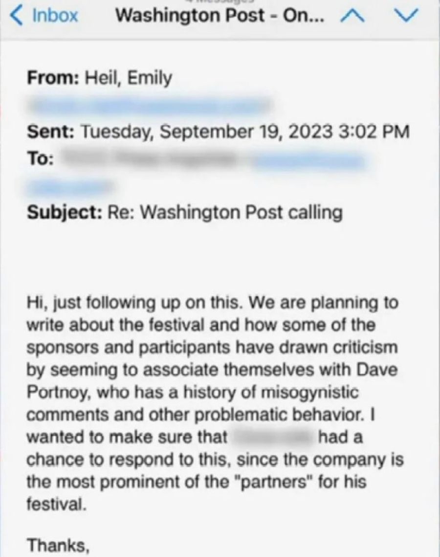 The email sent to Portnoy&#039;s sponsor (Image via X/@RedWave_Press)